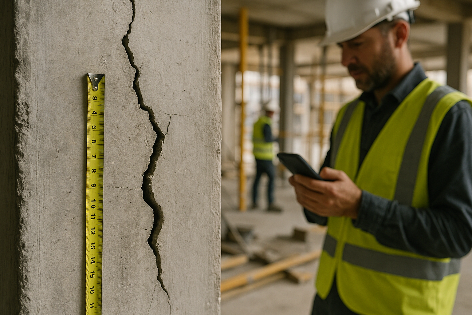 Close-up of a specific construction issue inside a building: a significant crack on a concrete wall, with a measuring tape placed next to it for scale. In the soft-focus background, the hand of a site technician is visible holding a smartph
