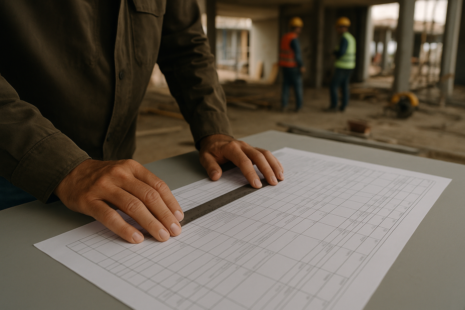 Close-up of a construction planner's hands resting on a large, printed bill of quantities document laid out on a table in a site office. One hand uses a ruler to follow a specific line item, corresponding to a work unit (partida), while the