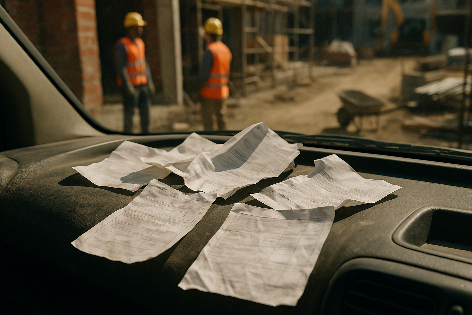 Close-up of several crumpled and slightly stained paper delivery notes (albaranes) scattered messily on the dusty dashboard of a construction van. Sunlight streams through the windshield, casting strong shadows. In the background, slightly 