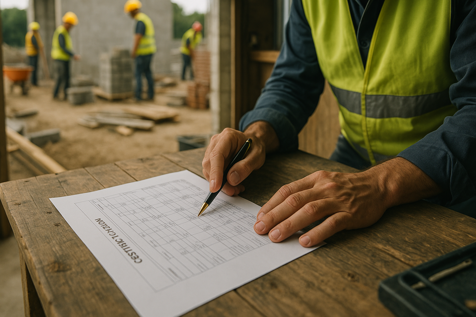 Close-up of a construction professional's hands reviewing a work certificate document ('certificación de obra') on a rustic wooden table inside a site hut. One hand holds a pen, pointing to a specific row with quantities and prices. The doc