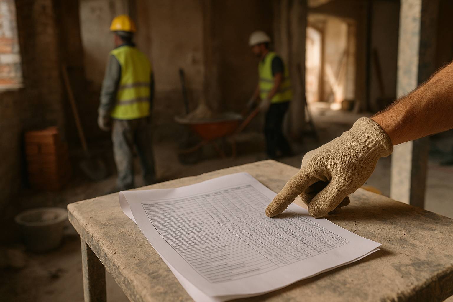 Close-up of a construction worker's gloved hand pointing at a specific line item on a printed budget sheet. The document is resting on a dusty, makeshift workbench inside a building undergoing renovation in Spain. The paper is slightly curl