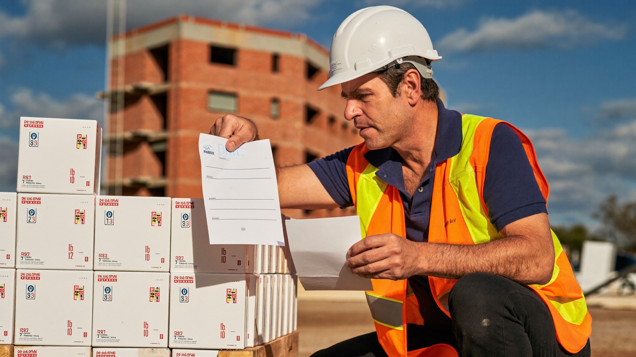 Encargado comprobando el material recibido contra el albarán en obra