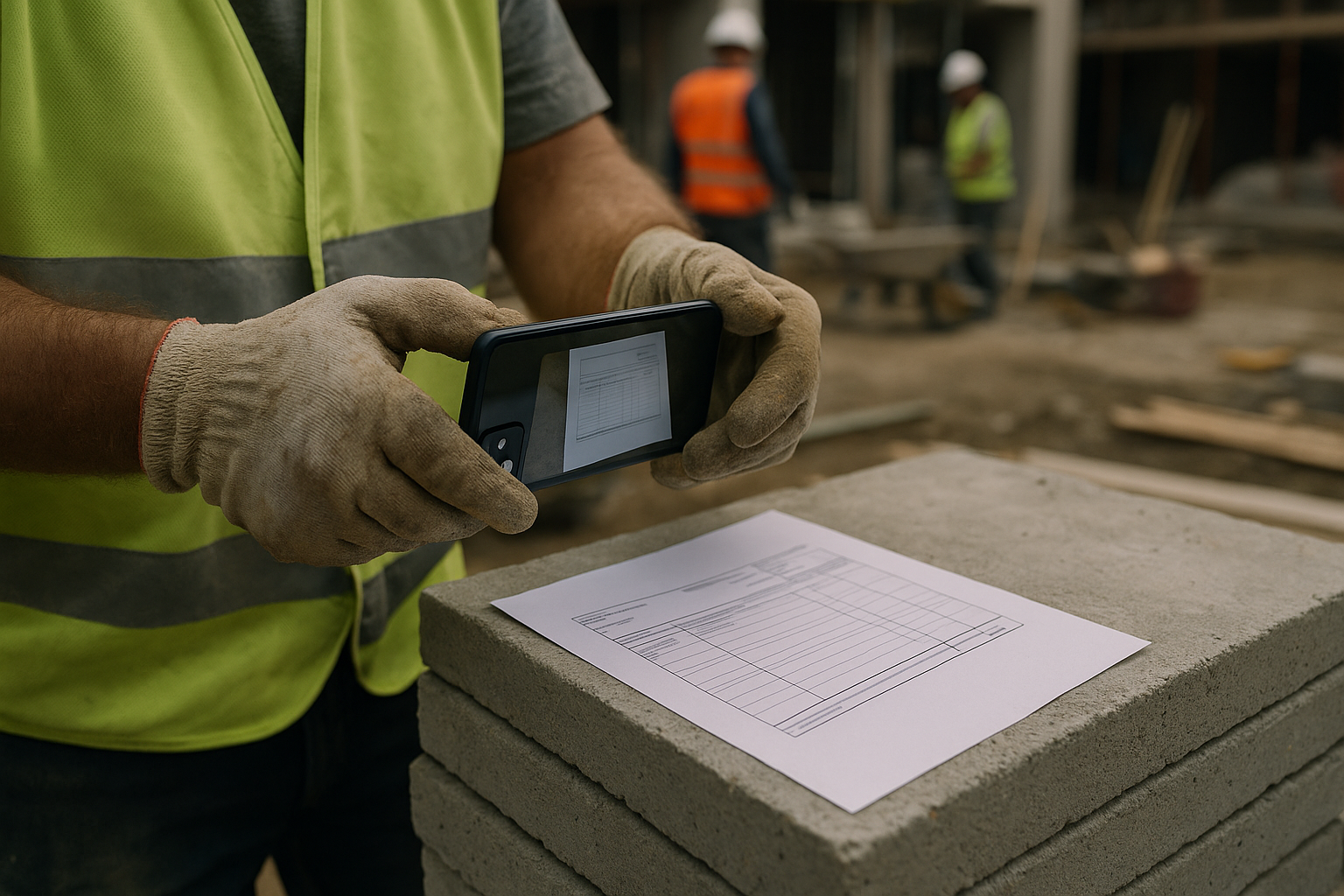Close-up of a construction worker's hands holding a modern smartphone to take a picture of a paper delivery note ('albarán'). The worker is wearing dusty work gloves and a high-visibility vest. The paper document rests on a stack of concret