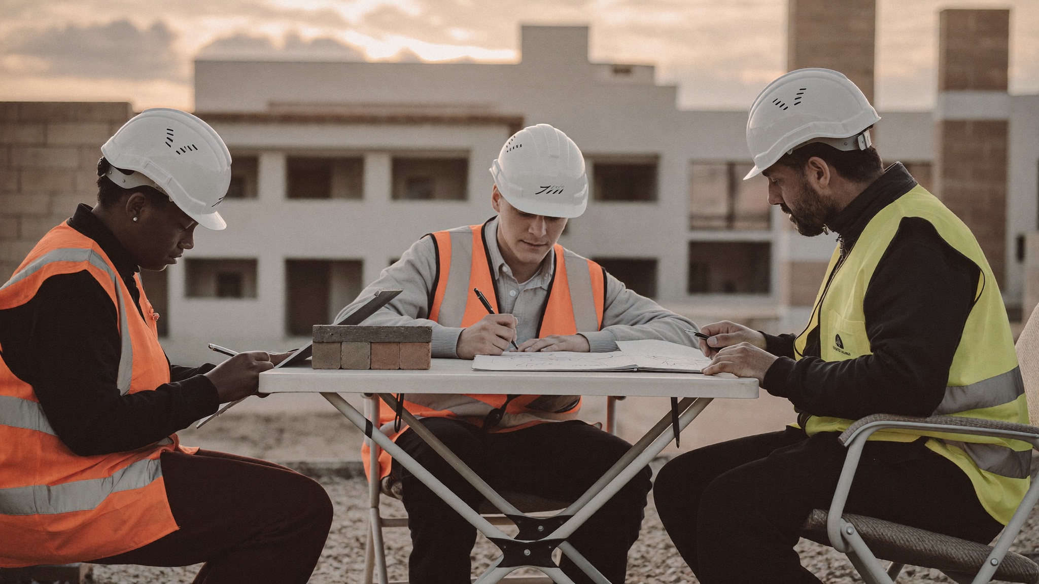Tres personas del equipo cerrando el parte del día sobre una mesa plegable en obra