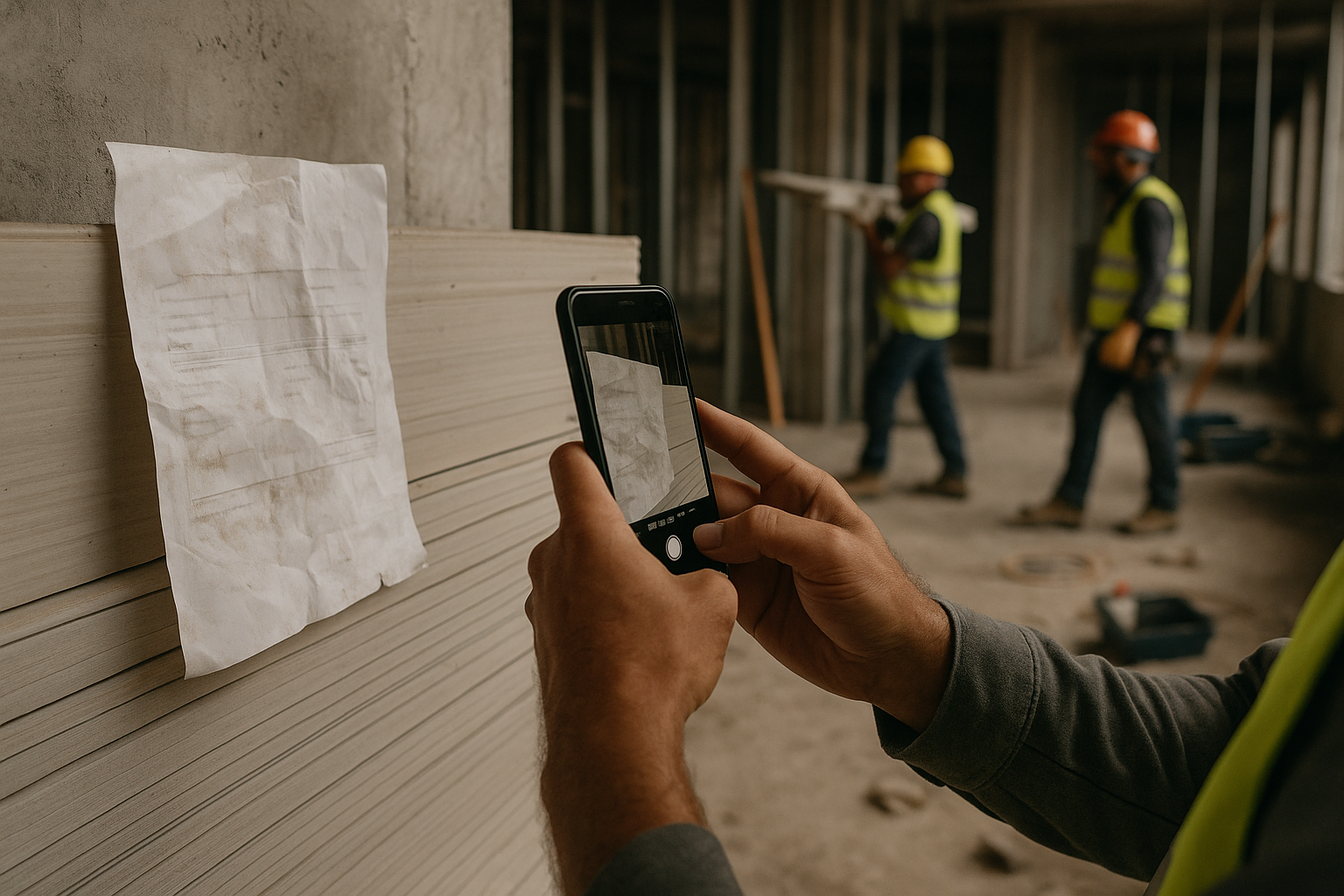 Close-up of a construction worker's hands holding a smartphone to photograph a creased and dusty delivery note (albarán). The note is placed against a stack of plasterboard sheets inside a building under construction. The shot focuses on th