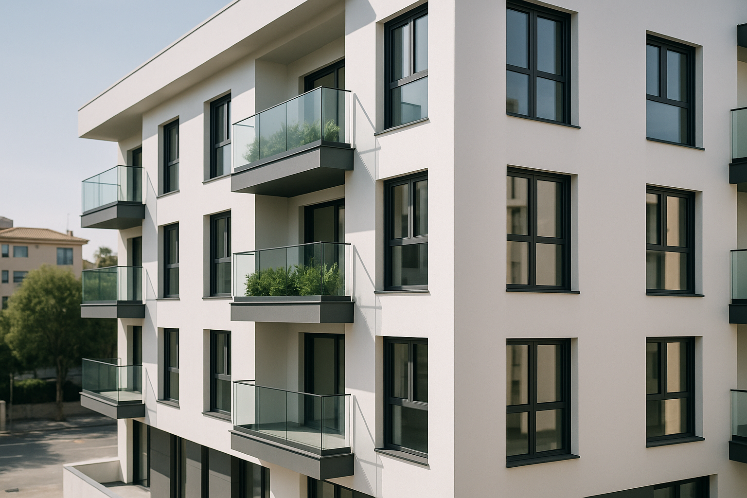 Fachada de un moderno edificio residencial español, resultado de una construcción eficiente con IA.