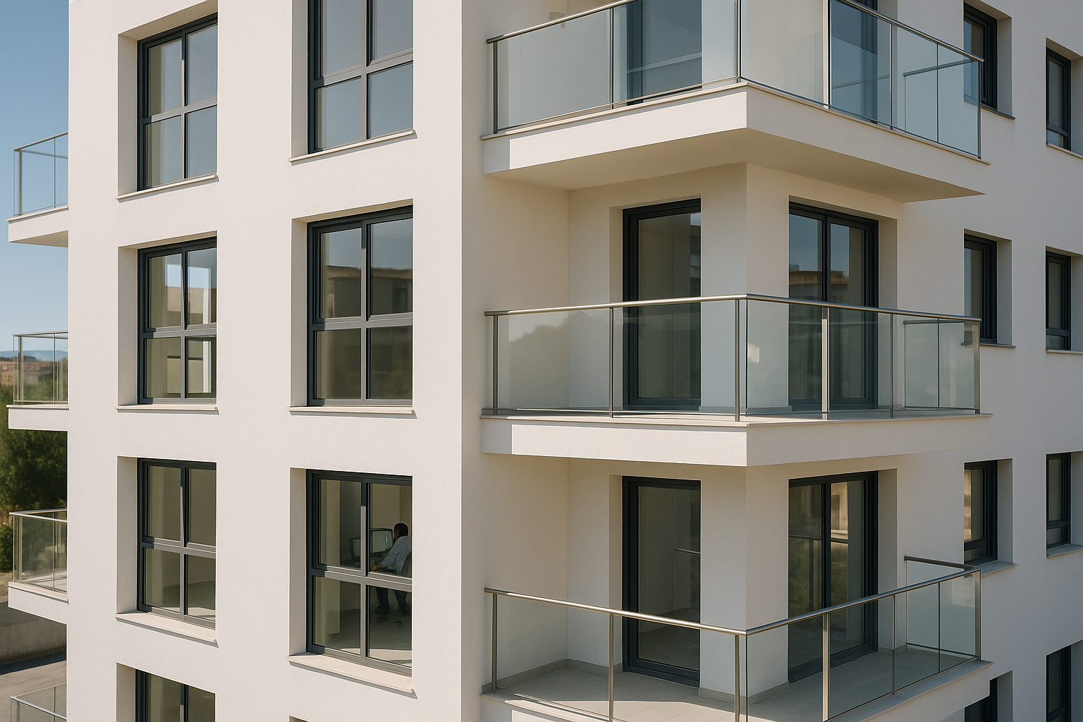Fachada de un edificio residencial moderno y terminado, el resultado de una obra bien planificada.