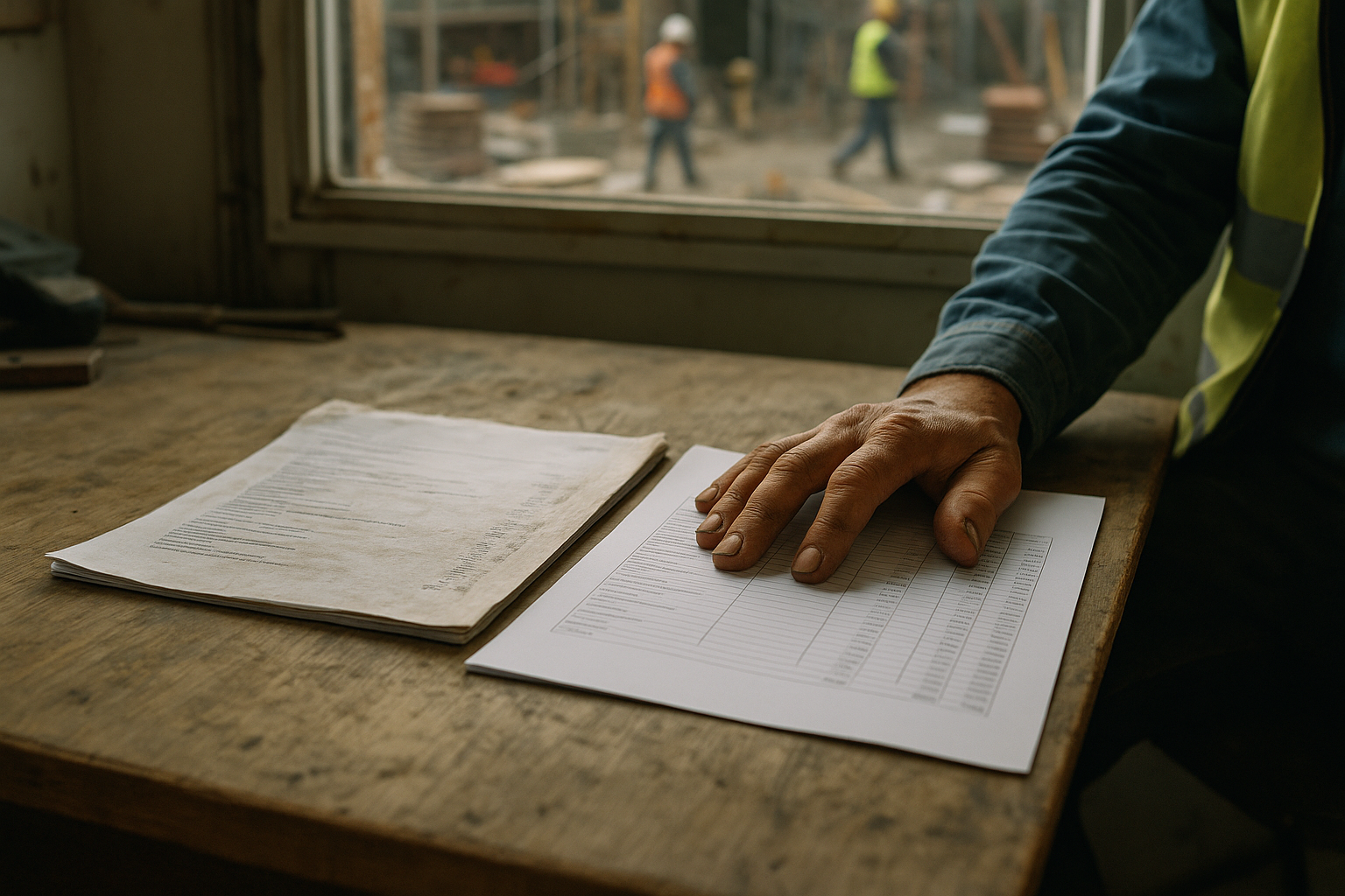 Close-up of a worn wooden desk inside a site office. A construction worker's hand, with dirt under the fingernails, rests on a pile of papers. The focus is on two documents side-by-side: a crisp, computer-generated cost estimate with neat c
