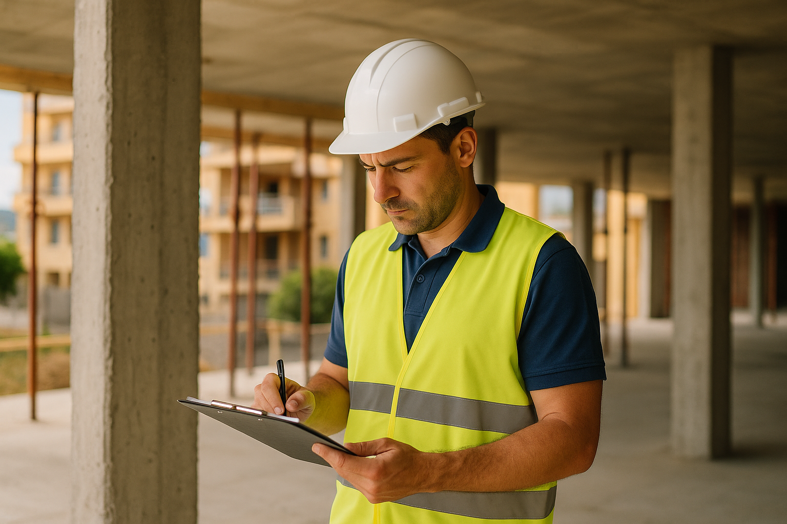 Jefe de obra revisando una certificación de subcontrata en su tablet dentro de un edificio en construcción.