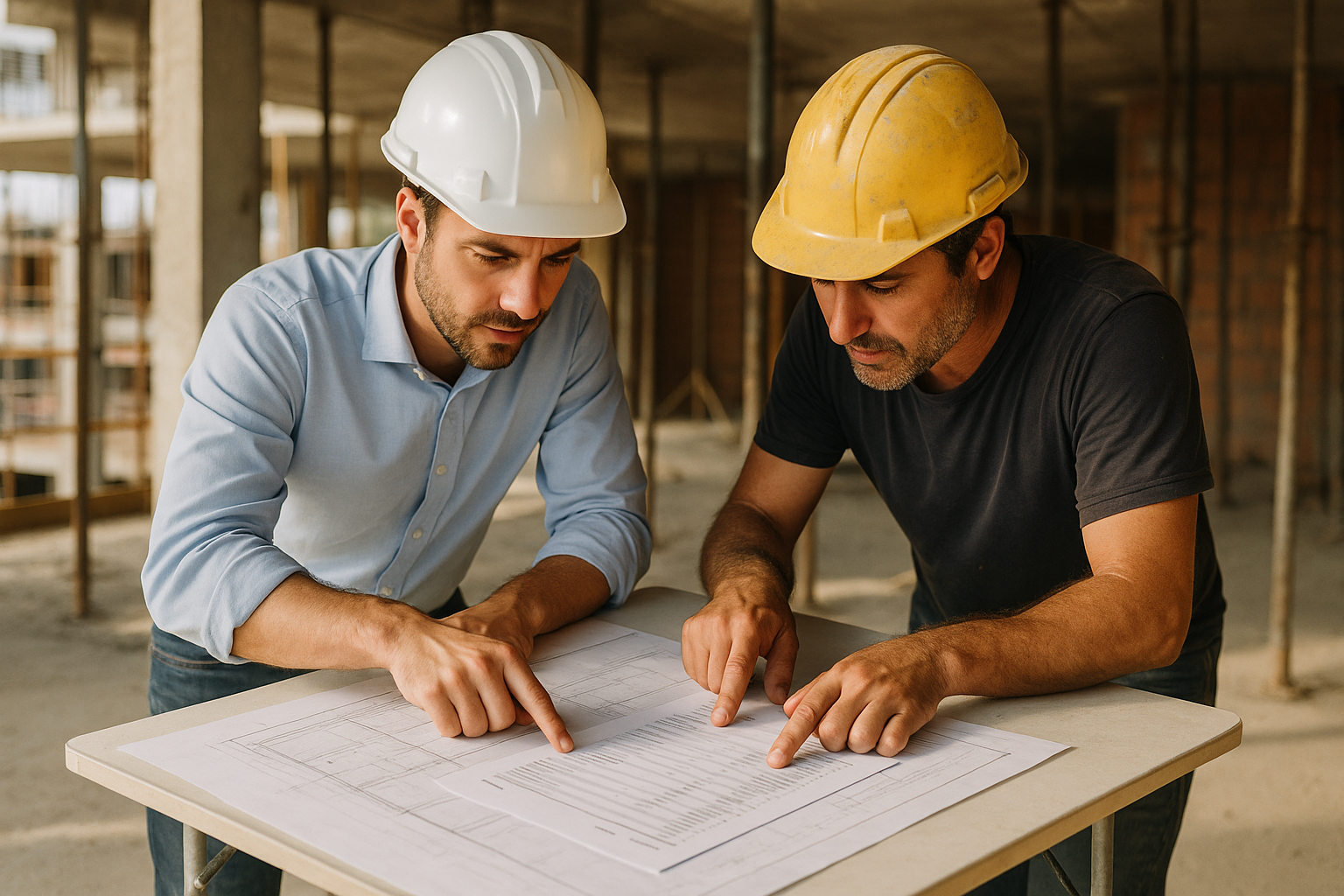 Jefe de obra y encargado revisando el presupuesto de la construcción sobre un plano en la obra.