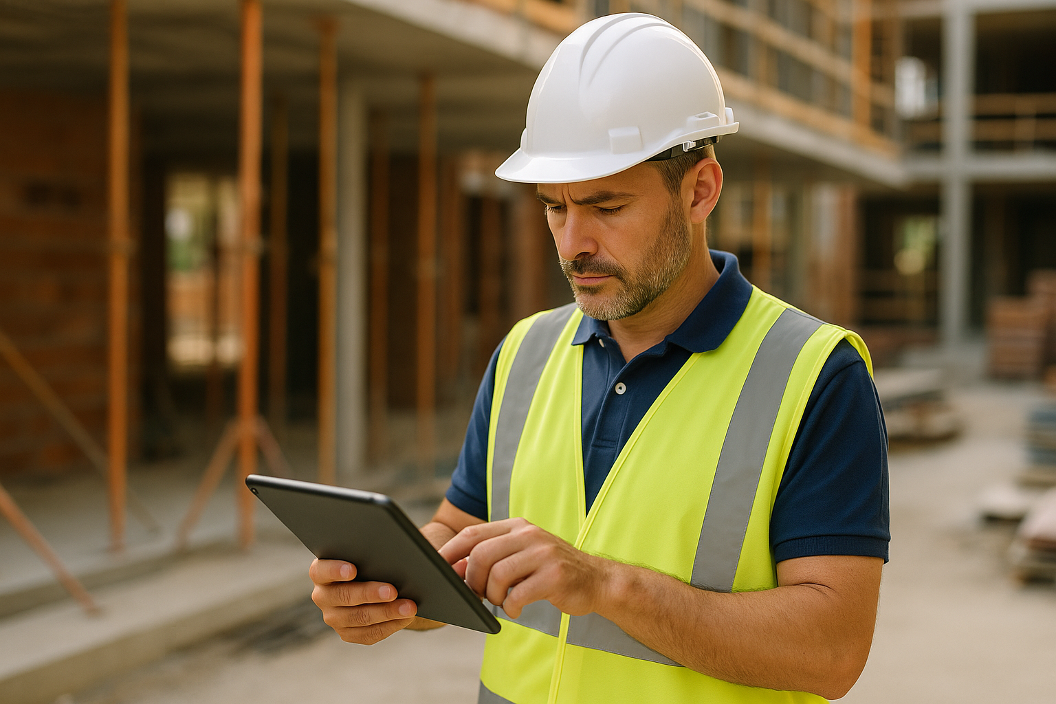Un jefe de obra revisa en una tablet los costes y el rendimiento de una partida de obra en construcción.