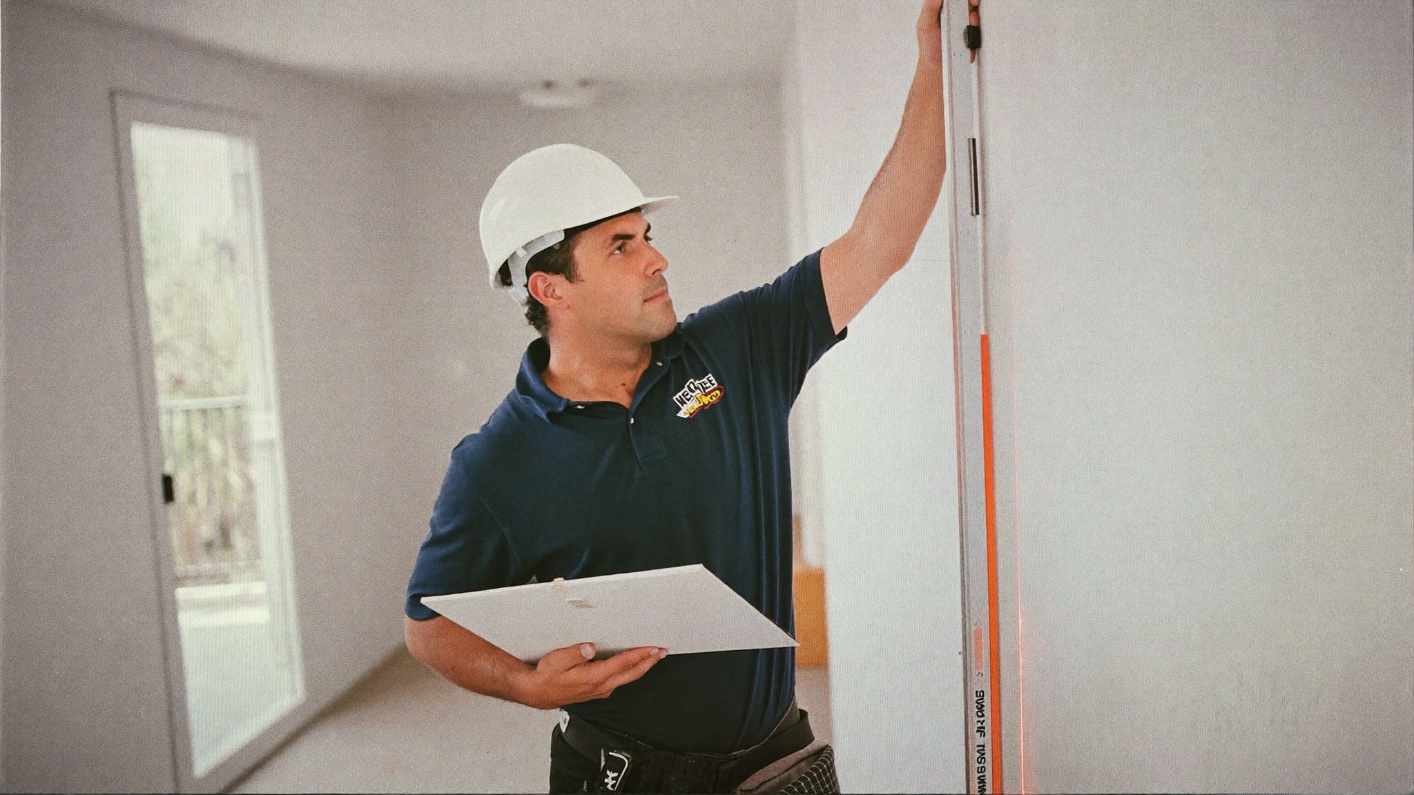 Técnico midiendo con láser en una vivienda terminada antes de certificar