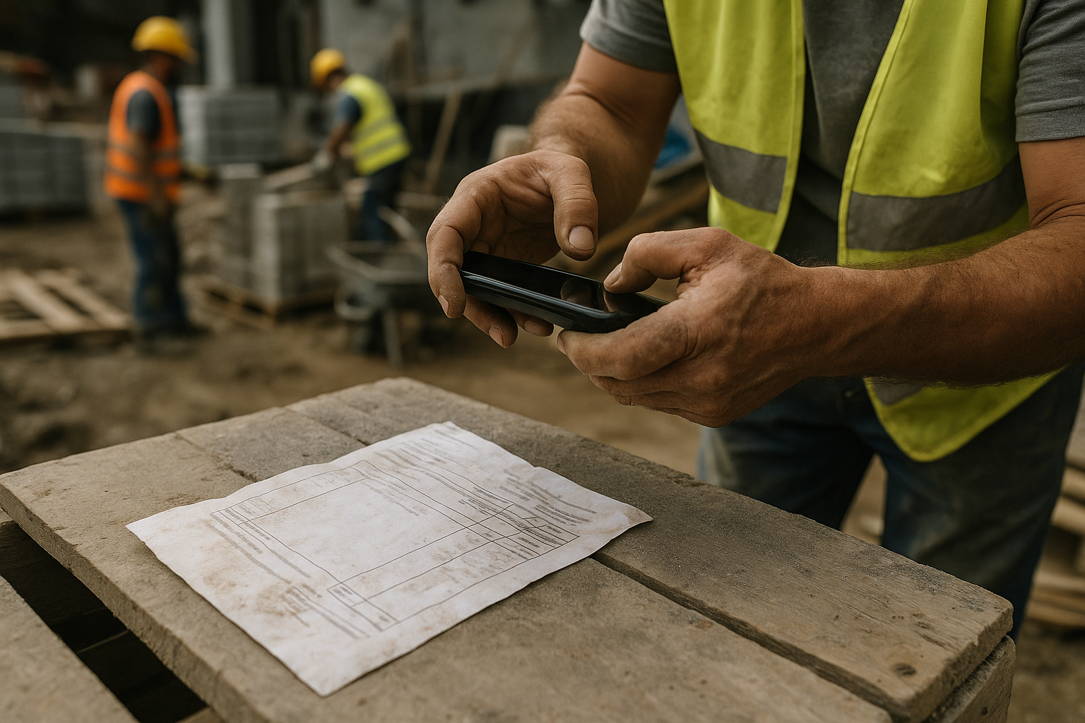 Close-up of a construction worker's dusty hands holding a smartphone, pointing the camera down to photograph a wrinkled and slightly smudged paper delivery note. The document is resting on a rough, dusty surface like a wooden pallet or the 
