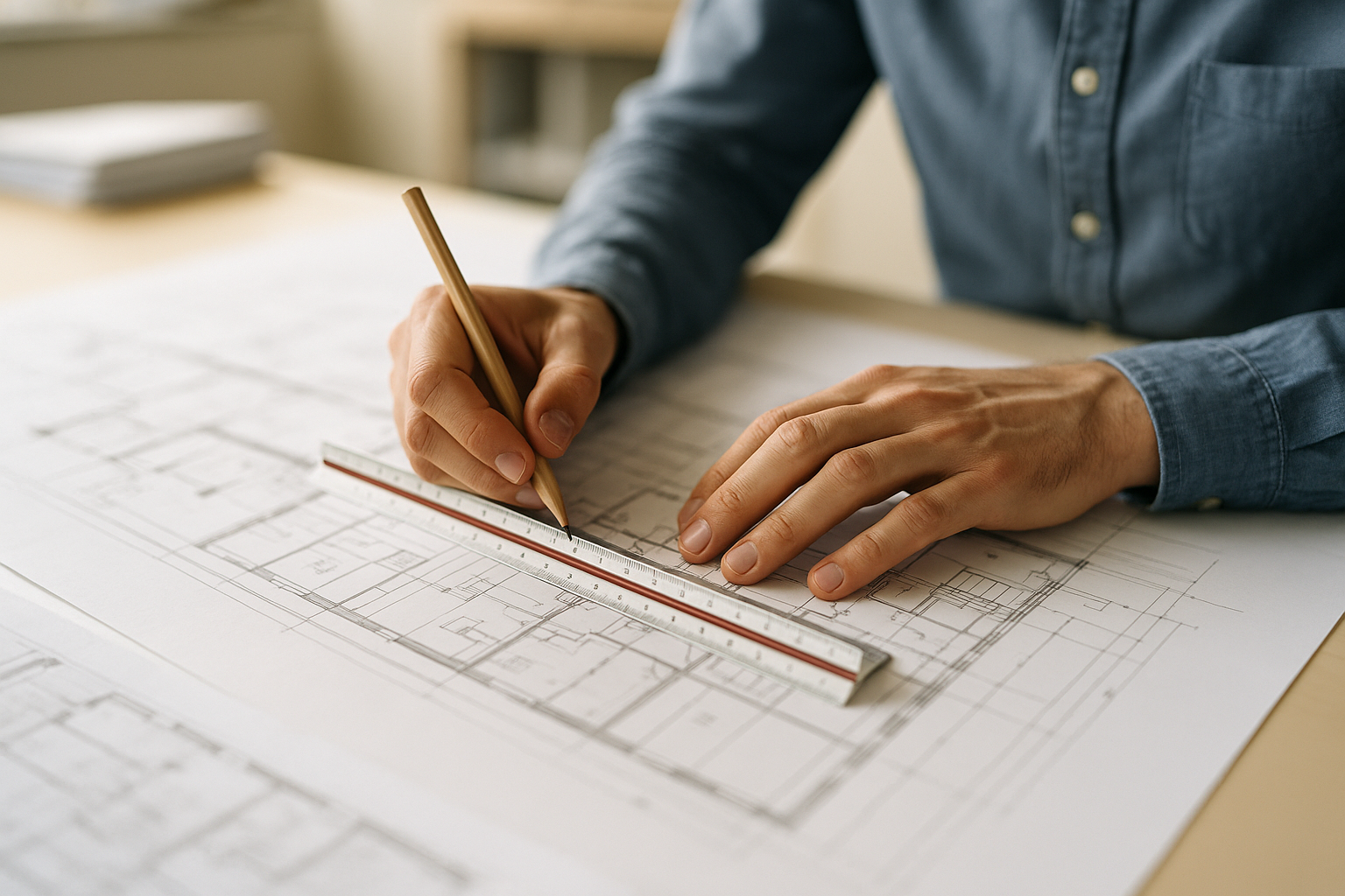 Técnico de estudios calculando un presupuesto de obra de forma manual sobre planos de papel.