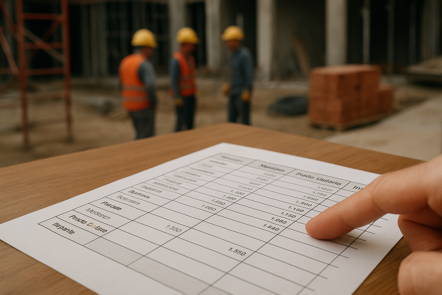 Close-up, slightly overhead shot of a printed construction budget document lying on a wooden desk. The document is in Spanish, with clear columns for 'Partida', 'Medición', 'Precio Unitario', and 'Importe'. A finger is pointing to a specifi
