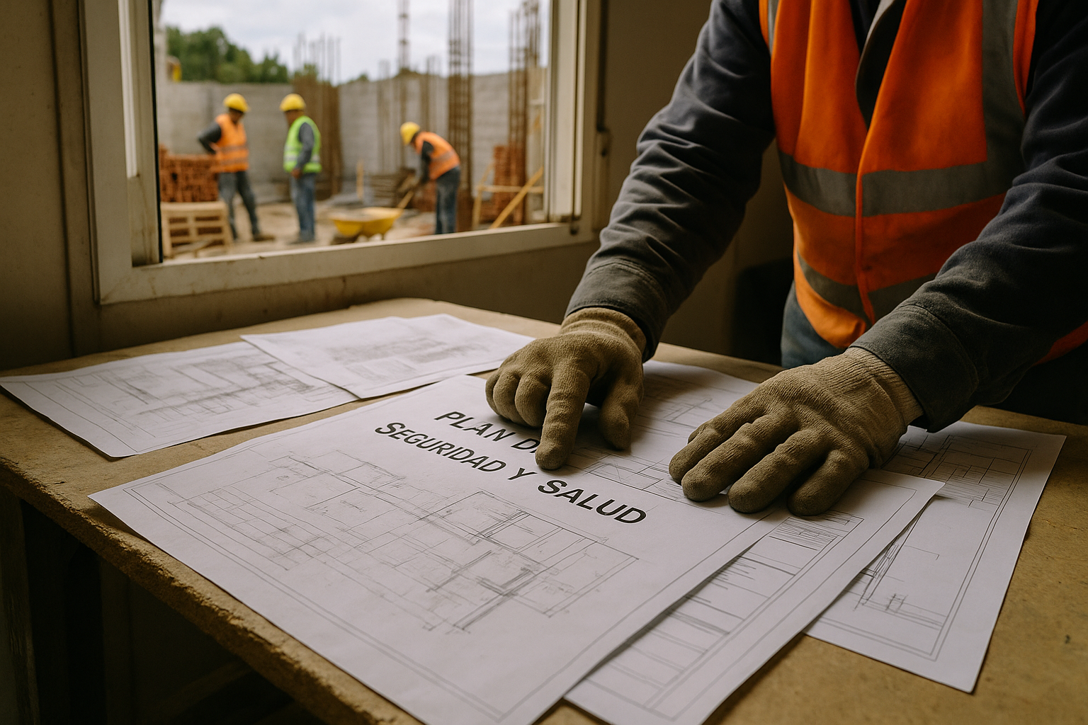 Close-up of the "Plan de Seguridad y Salud" (Safety and Health Plan), a set of technical drawings and documents, laid out on a makeshift table inside a site office. A construction worker's hands, with dusty work gloves on, are poi