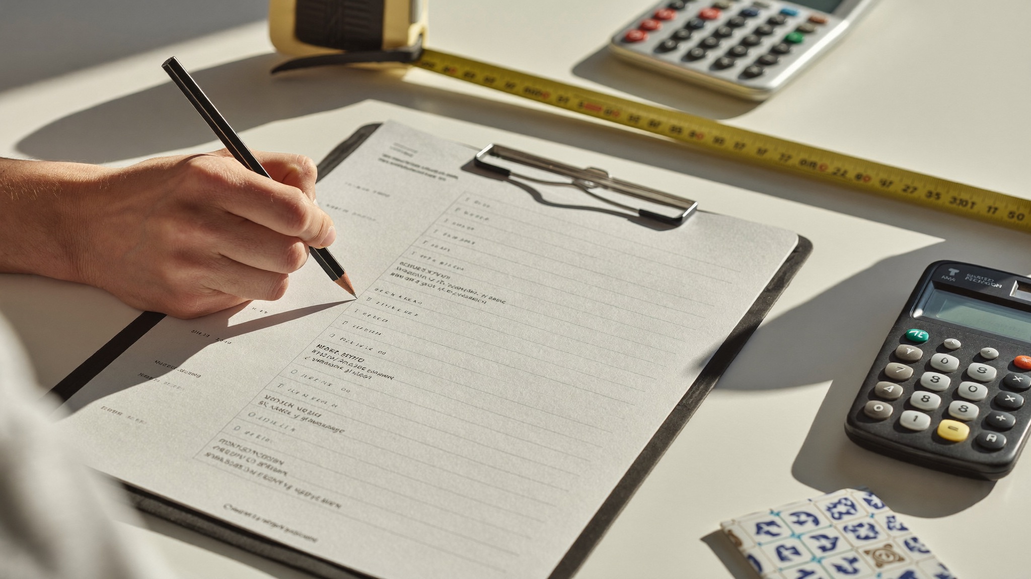 Mano repasando a lápiz los precios unitarios de un listado con cinta métrica y calculadora