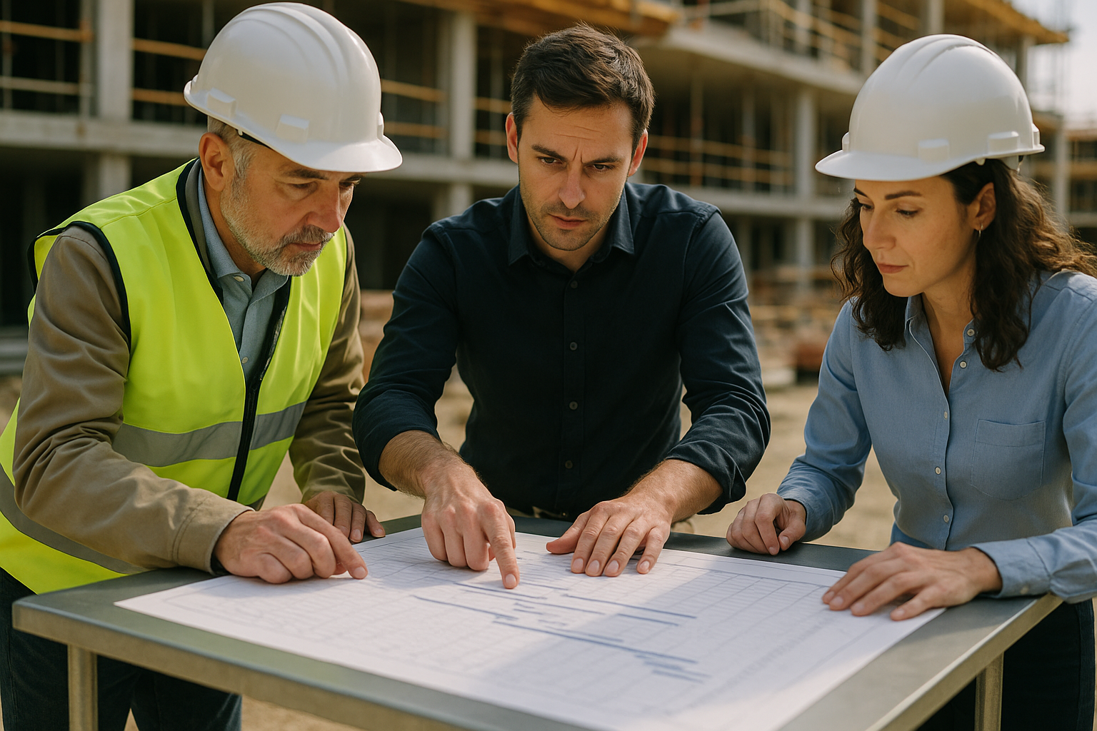 Jefe de obra y técnicos revisando la planificación de obra y el diagrama de Gantt sobre un plano.