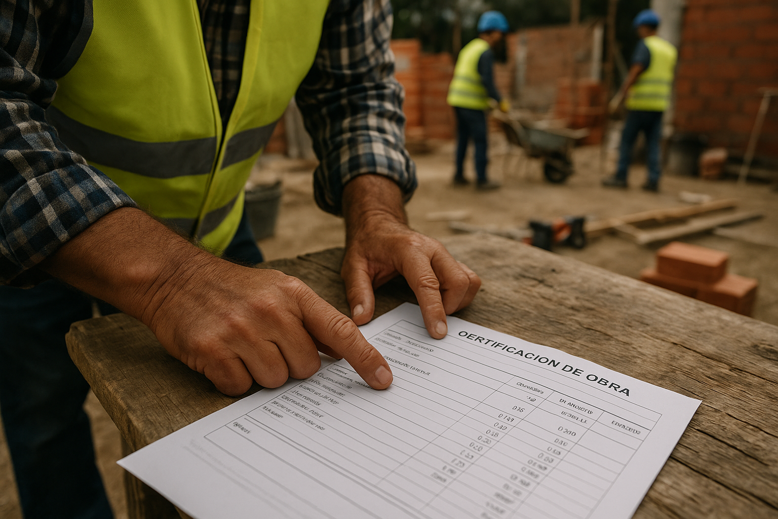 Close-up shot of a construction manager's weathered hands resting on a printed work certification document ('certificación de obra') laid out on a rough wooden table on-site. One finger points to a specific line item detailing 'metros cuadr