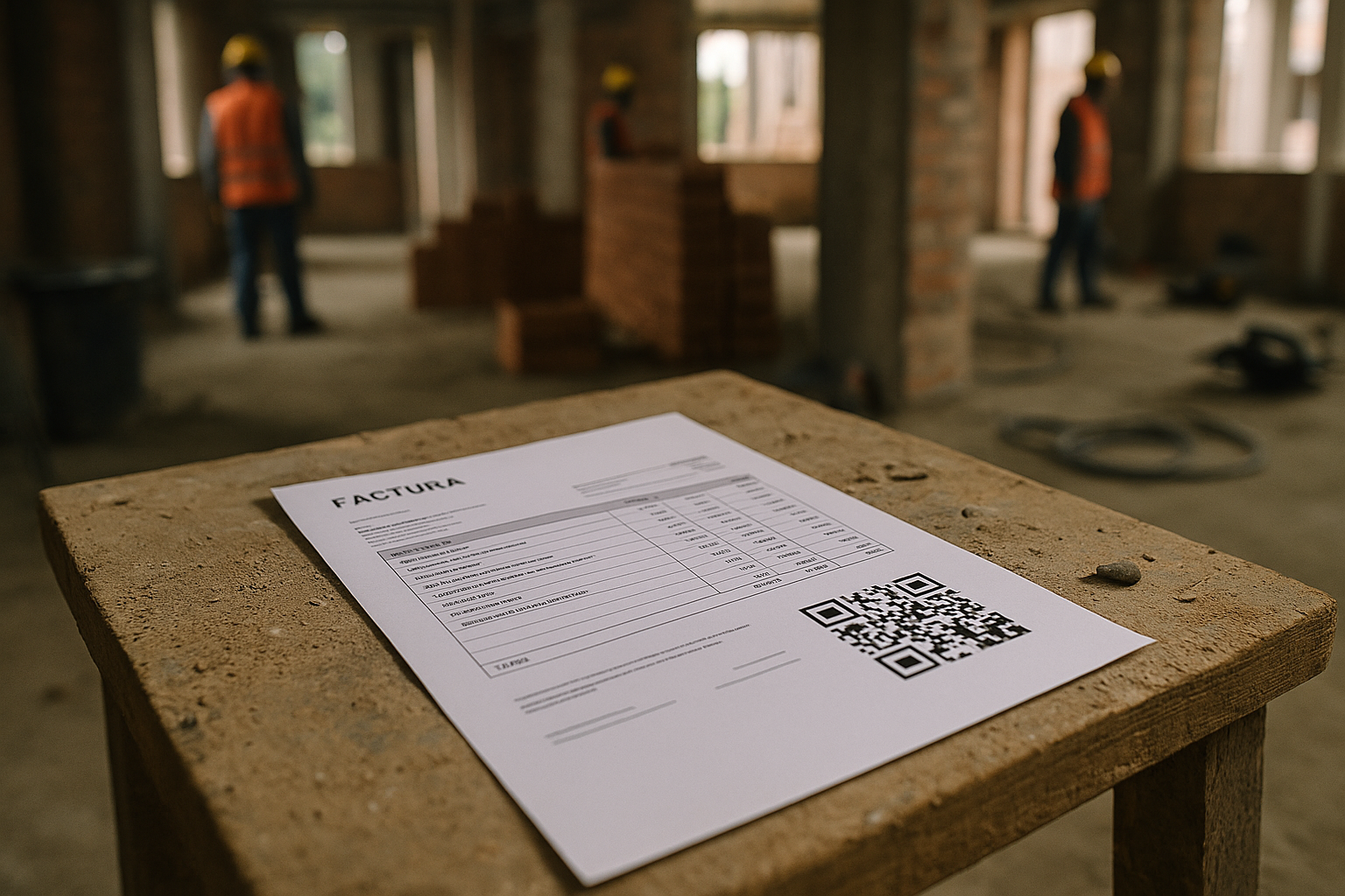 Close-up of a printed paper invoice resting on a dusty wooden workbench inside a building under construction. The document is a typical Spanish 'factura' with line items for construction materials. A prominent, crisp QR code is visible in t